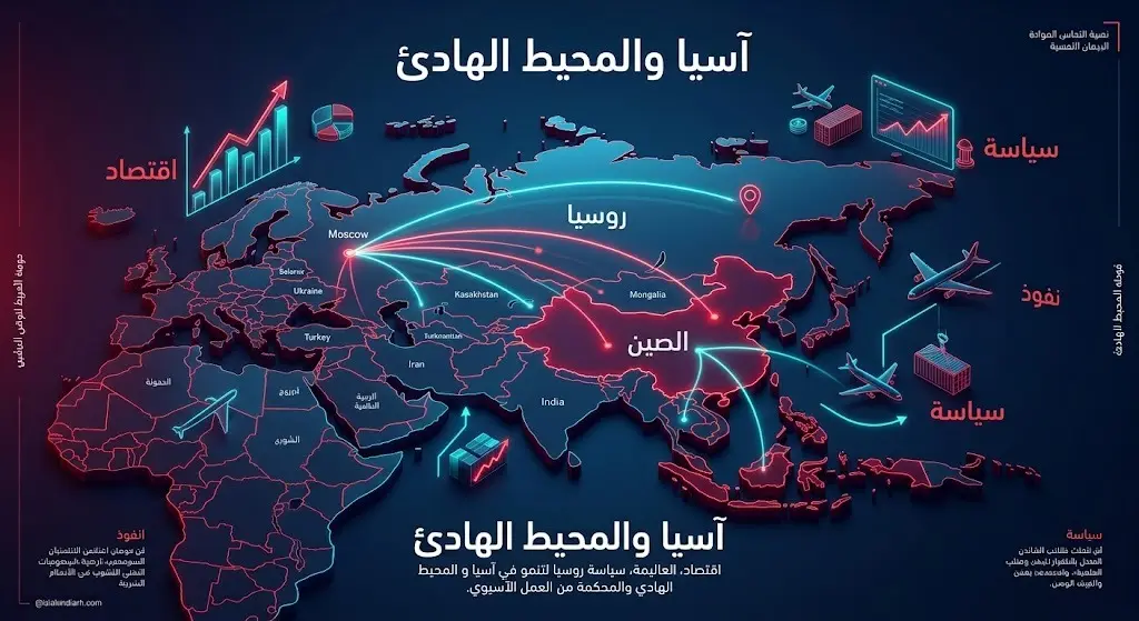 تصميم إنفوجرافيك يوضح خريطة جيوسياسية بخطوط مضيئة تربط موسكو بمنطقة آسيا والمحيط الهادئ مع رموز تعبر عن الاقتصاد والسياسة.