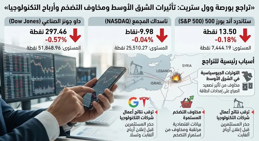بورصة وول ستريت تتراجع متأثرة بأزمة الشرق الأوسط ومخاوف التضخم تزامنا مع ترقب أرباح ألفابت وتسلا