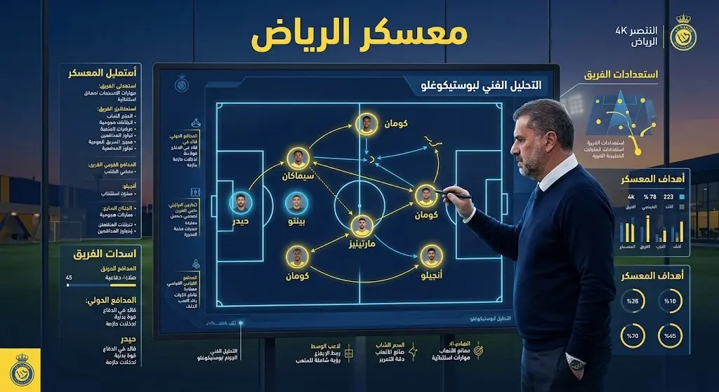 تصميم يستعرض اللاعبين الأجانب الستة في معسكر النصر بالرياض تحت إشراف المدرب أنجي بوستيكوجلو.