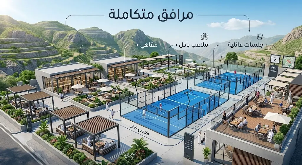 صورة تصميمية تبرز ملاعب البادل الحديثة في الطائف محاطة بالمقاهي والجلسات العائلية والمرافق المتكاملة وسط طبيعة خلابة.