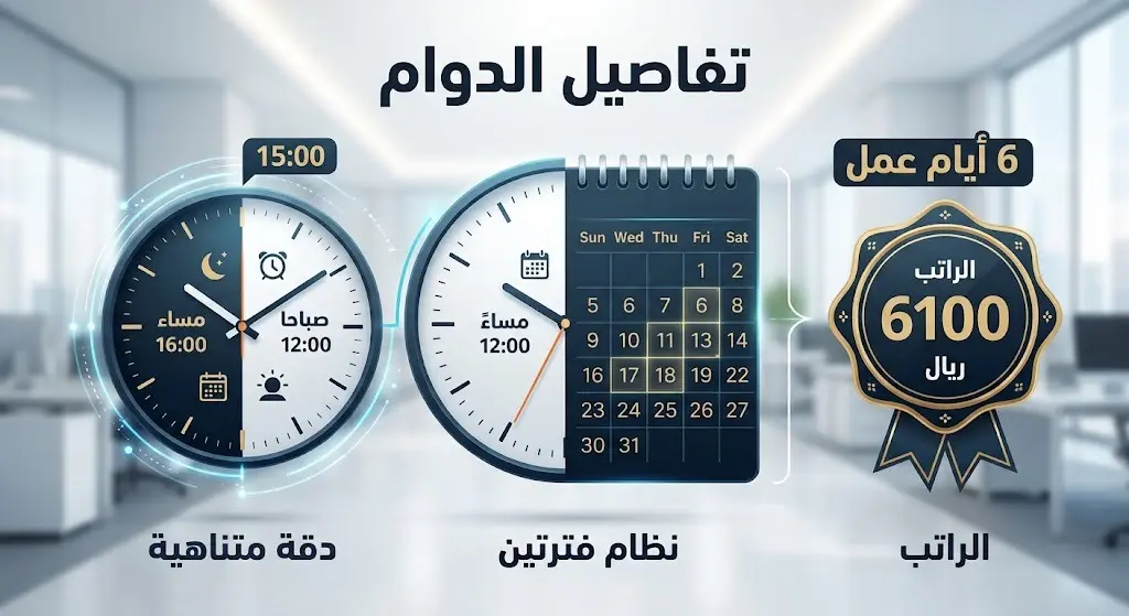 تصميم بصري يعرض تفاصيل بيئة العمل، موضحاً الدوام بنظام الفترتين لستة أيام أسبوعياً والراتب الإجمالي البالغ 6100 ريال.