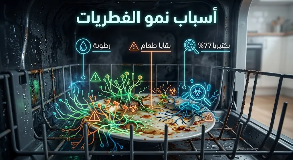 تصميم بصري يبرز العوامل التي تحول غسالة الأطباق لبيئة خصبة للفطريات: الرطوبة، بقايا الطعام، وإهمال التنظيف، مع إشارة لتكاثر البكتيريا بنسبة 77%.