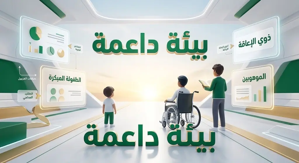 تصميم إنفوجرافيك إبداعي يوضح عناصر البيئة الداعمة للطلاب في نظام التعليم الجديد، شاملاً رعاية الطفولة المبكرة، ذوي الإعاقة، والموهوبين.