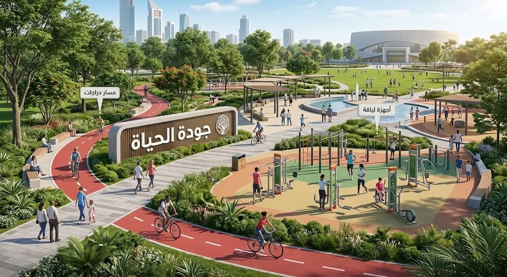 مشهد حيوي وعصري يبرز بيئة رياضية متكاملة في الهواء الطلق، تضم مسارات مخصصة للمشي والدراجات وأجهزة لياقة بدنية وسط مساحات خضراء وأشجار.