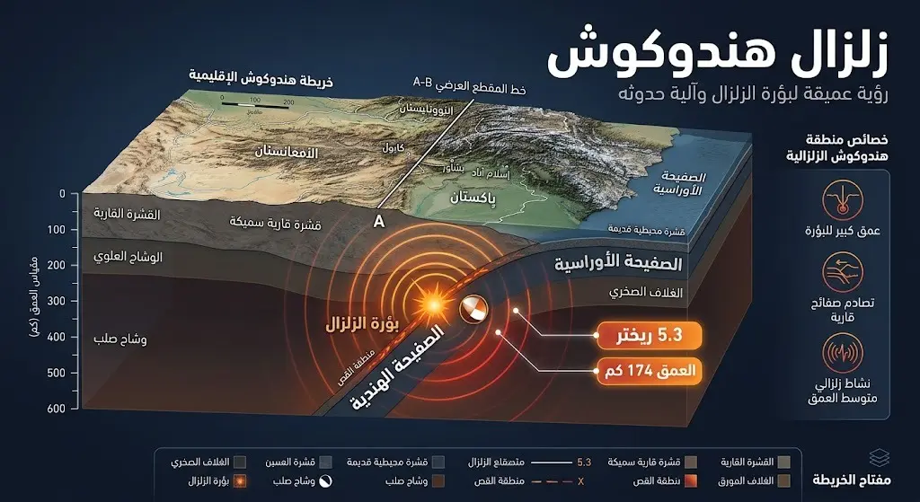 إنفوجرافيك جيولوجي يوضح مركز زلزال هندوكوش الأخير بقوة 5.3 درجات وعمقه السحيق البالغ 174 كيلومتراً تحت سطح الأرض.