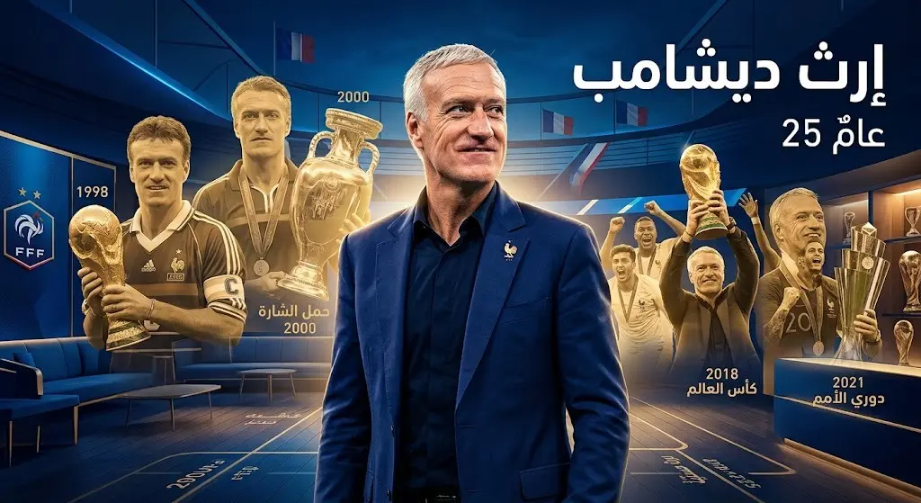 صورة تعبيرية تبرز مسيرة ديدييه ديشامب وإرثه مع المنتخب الفرنسي كلاعب ومدرب على مدار خمسة وعشرين عاماً.