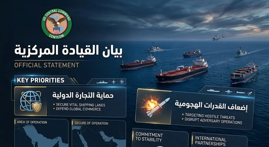 تصميم صحفي يبرز تصريحات القيادة المركزية الأمريكية وتأكيدها على حماية حركة الملاحة البحرية والتجارة الدولية.
