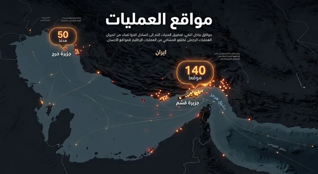 خريطة إنفوجرافيك توضح مواقع وحجم الضربات العسكرية على جزيرتي قشم وخرج