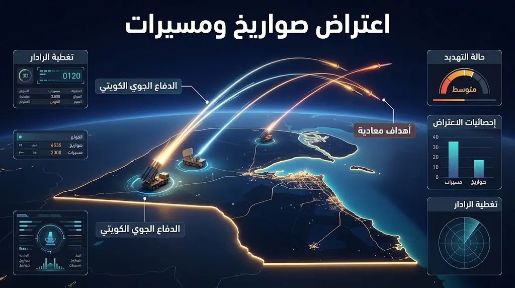 إنفوجرافيك إخباري يجسد تصدي منظومات الدفاع الجوي في الكويت للصواريخ والمسيرات المعادية بفاعلية