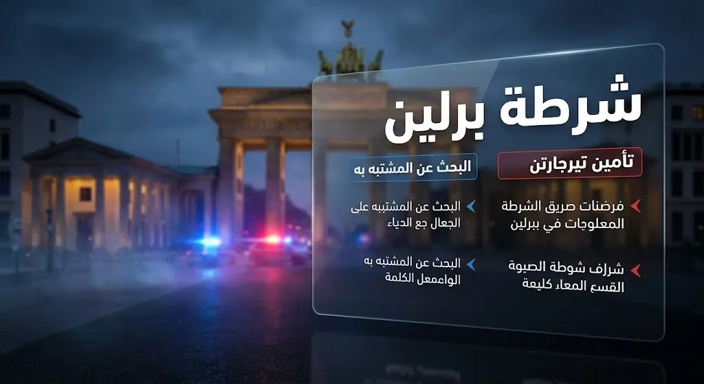 تصميم إنفوجرافيك إخباري يوضح بوابة براندنبورغ في برلين مع أضواء الشرطة الزرقاء والحمراء، ويتضمن نصوصاً عربية تلخص بيان الشرطة وإجراءات البحث عن المشتبه به في منطقة تيرجارتن.
