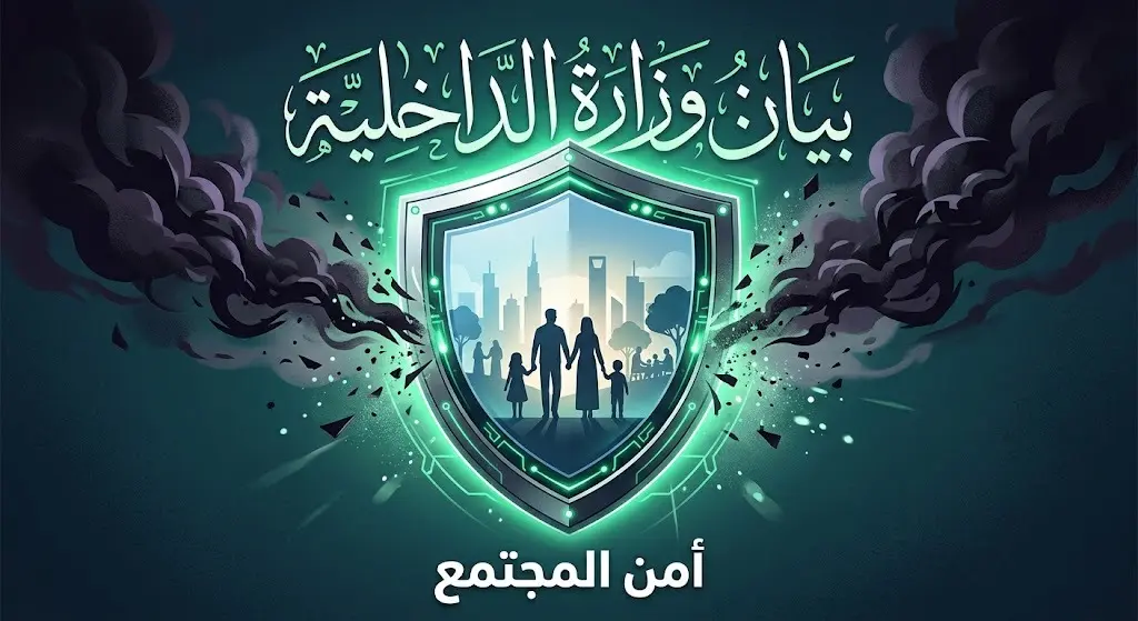 تصميم تعبيري يجسد رسالة وزارة الداخلية من خلال درع أمني مضيء يحمي المجتمع من السموم والمخدرات.