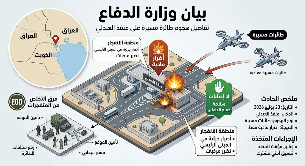 إنفوجرافيك إخباري يوضح تفاصيل الهجوم بمسيرتين على منفذ العبدلي الحدودي وتدخل فرق التفتيش وفق بيان وزارة الدفاع الكويتية.