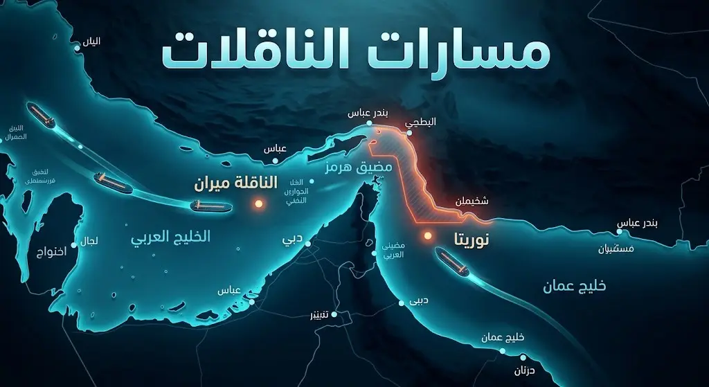 خريطة تتبع ملاحية رقمية تظهر مسارات الناقلات وتوقفها في خليج عمان بسبب الحصار المائي.