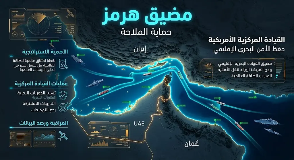 إنفوجرافيك ثلاثي الأبعاد يوضح خريطة مضيق هرمز وحركة السفن التجارية مع مؤشرات لعمليات القيادة المركزية الأمريكية.