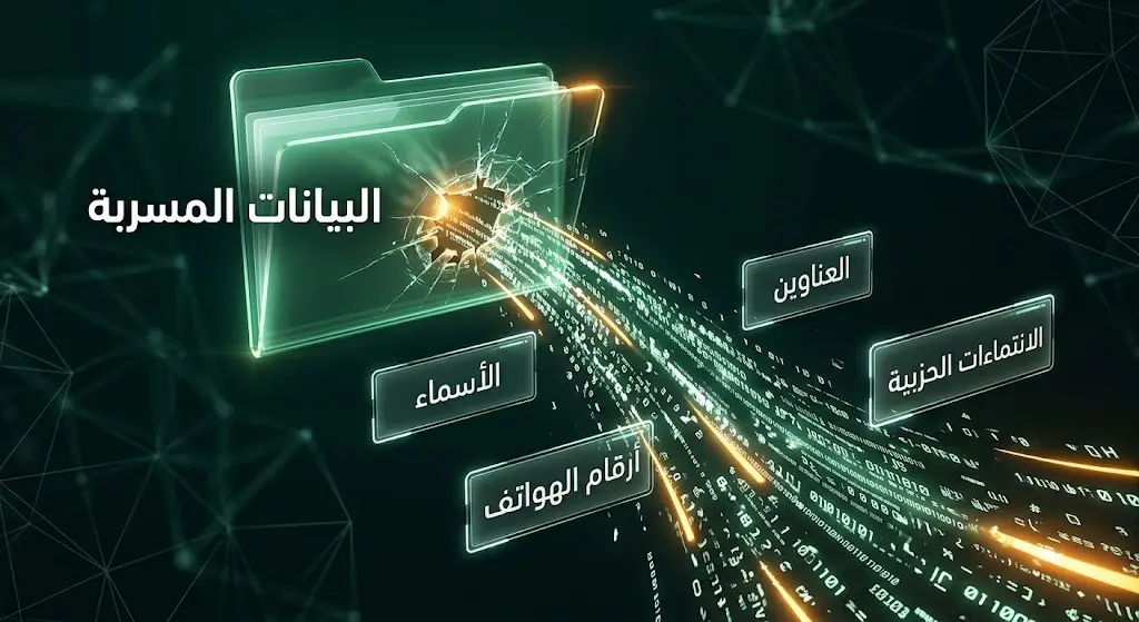 تصميم بصري لملف رقمي يُخترق وتتدفق منه بيانات الناخبين الحساسة مثل الأسماء والعناوين والهواتف بتأثيرات مضيئة.