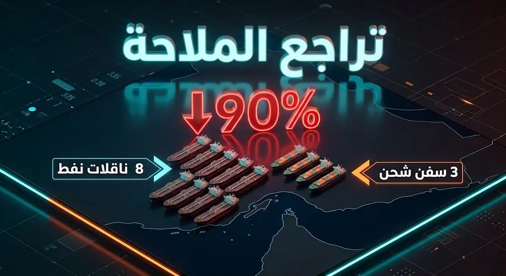 إنفوجرافيك ثلاثي الأبعاد يوضح تراجع الملاحة التجارية بنسبة 90% في مضيق هرمز، ويعرض عدد 8 ناقلات نفط و3 سفن شحن فقط عبرت المضيق.