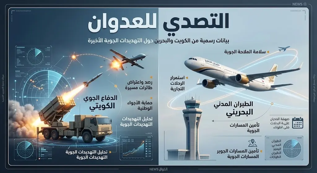 إنفوجرافيك خبري احترافي يجسد تصدي الدفاعات الجوية الكويتية للمسيرات المعادية، واستمرار وتأمين حركة الملاحة الجوية المدنية في البحرين.