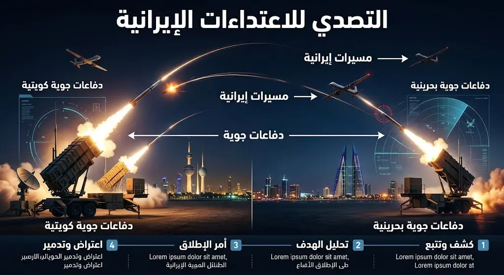 تصميم إنفوجرافيك احترافي يوضح تصدي الدفاعات الجوية في الكويت والبحرين للطائرات المسيرة والصواريخ الإيرانية.