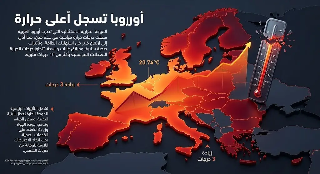 إنفوجرافيك يوضح خريطة أوروبا الغربية بألوان حرارية حمراء مع مؤشر يكسر حاجز 20.74 درجة مئوية
