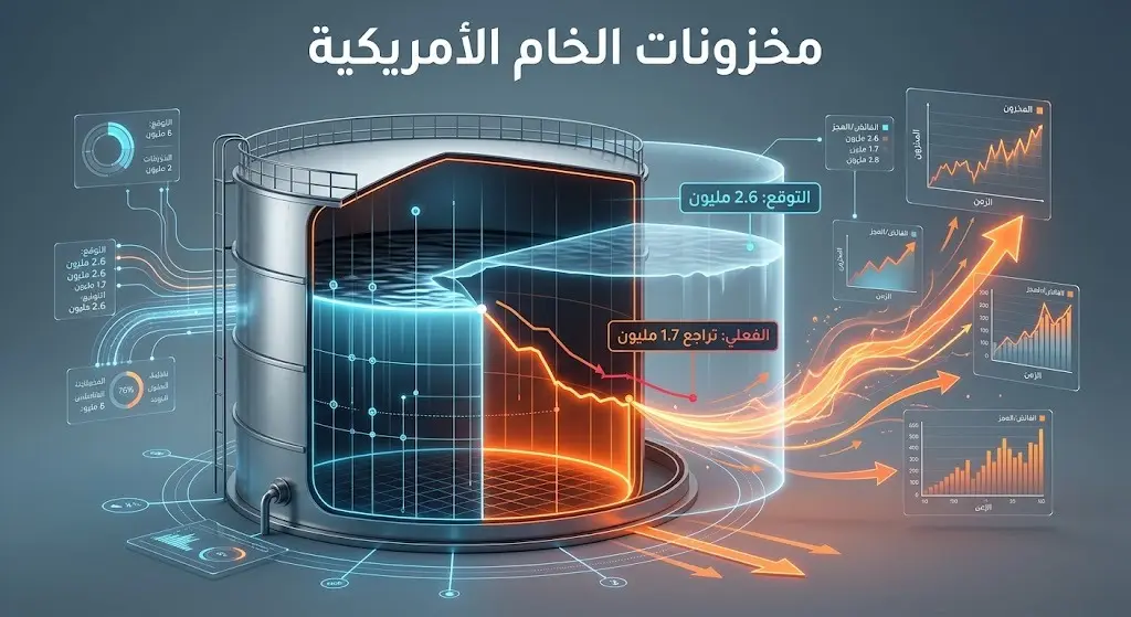 تصميم بياني يظهر بيانات مخزونات النفط الأمريكية وتراجعها بمقدار أقل من توقعات الأسواق.