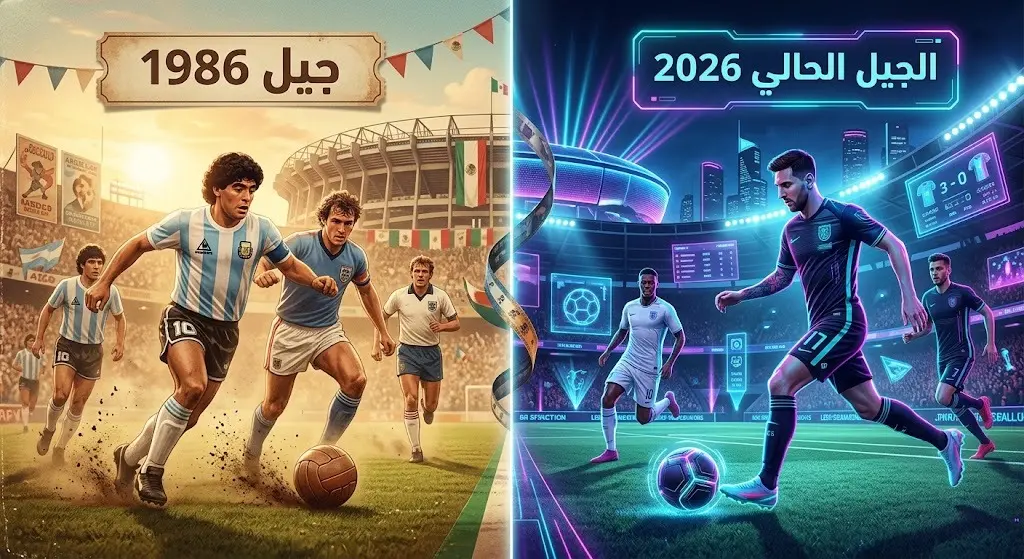تصميم بصري يقارن بين جيل الأرجنتين وإنجلترا في كأس العالم 1986 والجيل الحالي في 2026
