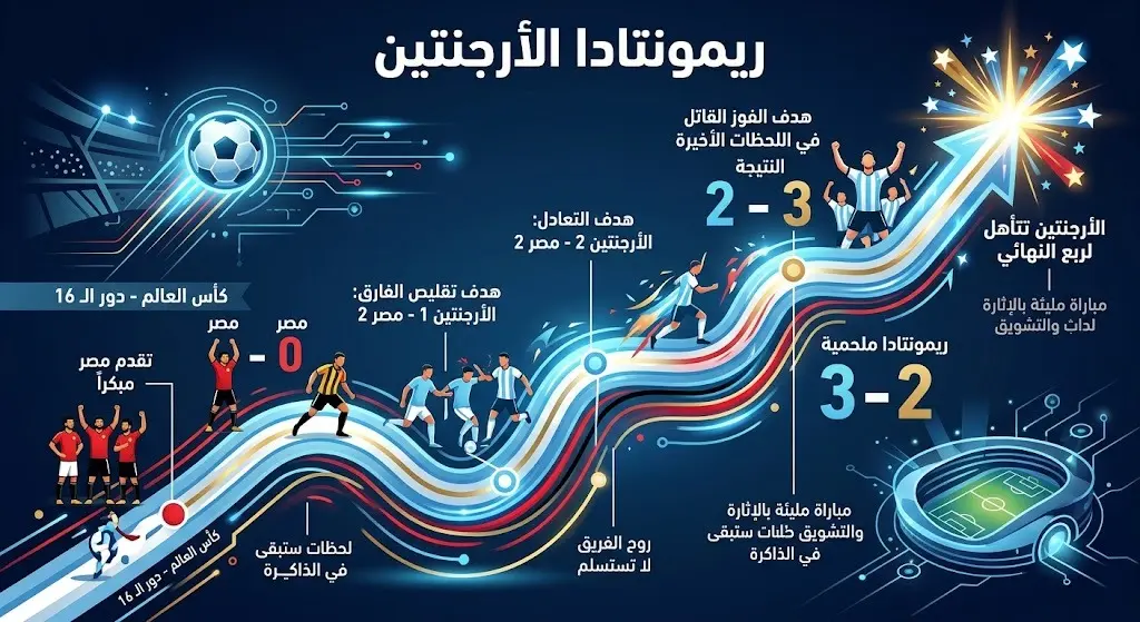 تصميم معلوماتي يبرز عودة المنتخب الأرجنتيني التاريخية أمام مصر والفوز بنتيجة ثلاثة أهداف مقابل هدفين