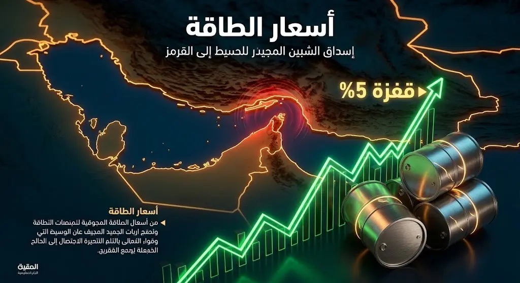 تصميم إنفوجرافيك يوضح تأثير إغلاق مضيق هرمز على أسعار الطاقة العالمية مع مؤشرات اقتصادية صاعدة.