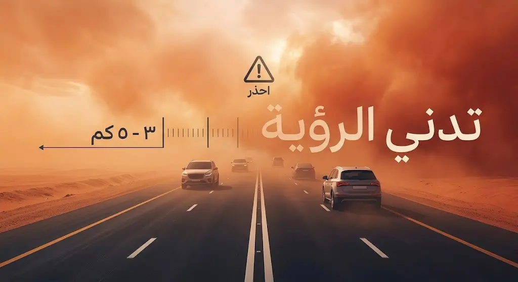 إنفوجرافيك يوضح تدني مستوى الرؤية الأفقية على الطرق السريعة بسبب الأتربة المثارة لمسافة تتراوح بين 3 و 5 كيلومترات.