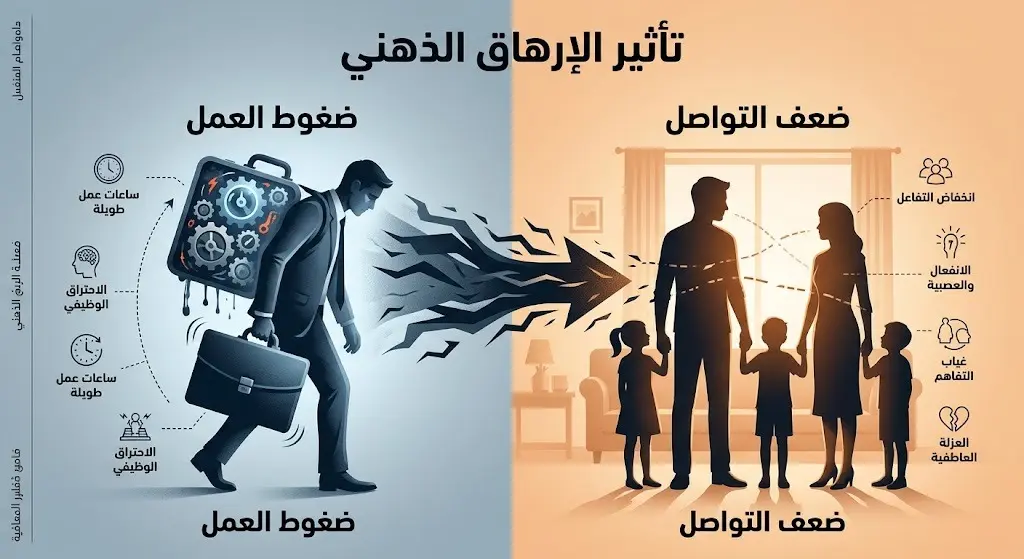 إنفوجرافيك يعبر عن انتقال ضغوط العمل والإرهاق الذهني وتأثيرها السلبي على التواصل الفعال بين أفراد الأسرة