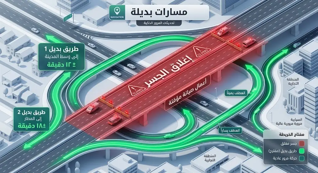 خريطة إنفوجرافيك ثلاثية الأبعاد توضح إغلاق جسر طريق خادم الحرمين الشريفين والمسارات المرورية البديلة بالأسهم الخضراء المضيئة.