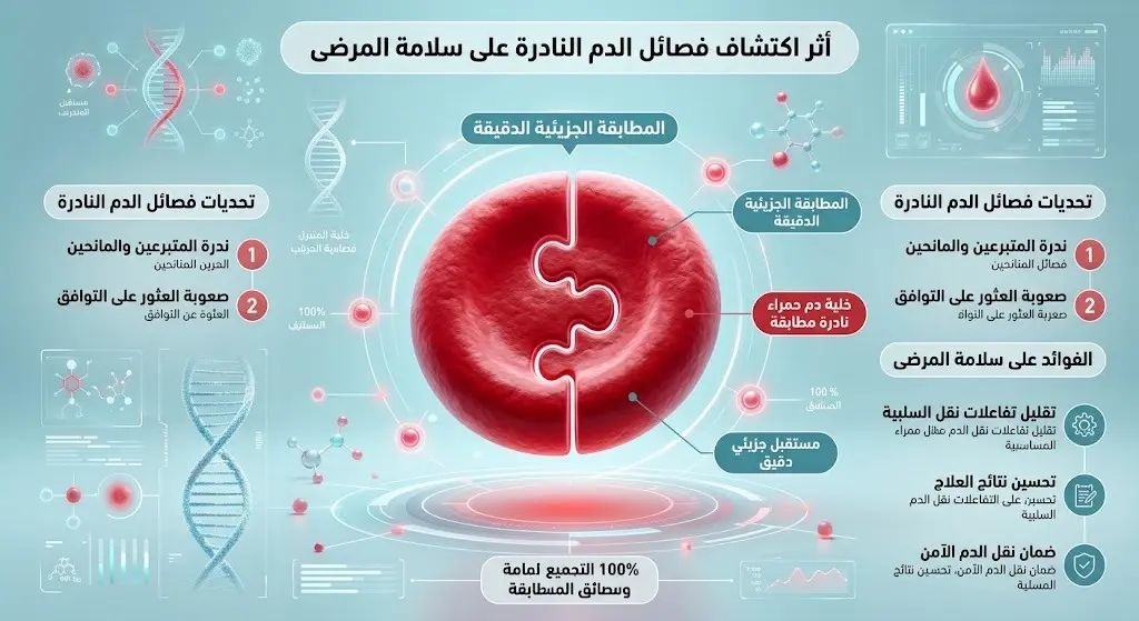 تصميم بصري طبي يعبر عن مدى أهمية التطابق الدقيق لفصائل الدم النادرة في الحفاظ على سلامة المرضى أثناء عمليات نقل الدم.