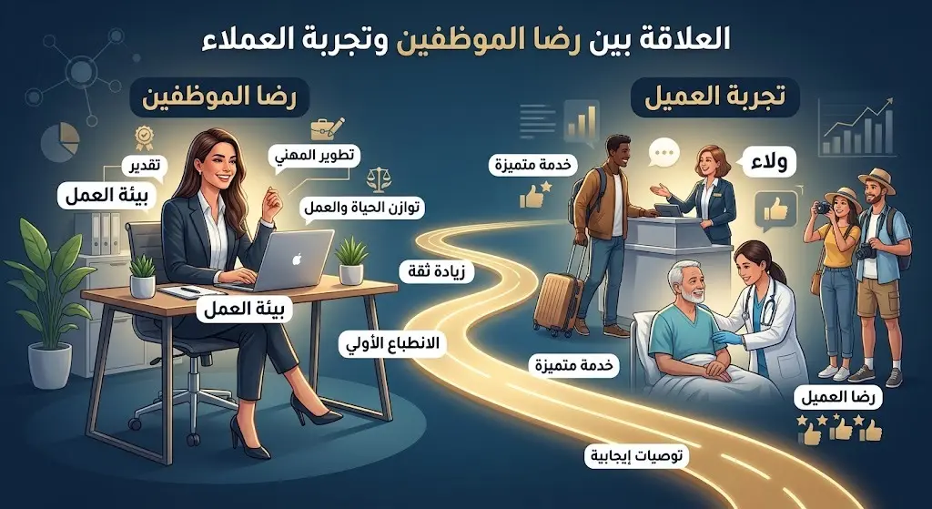 إنفوجرافيك يوضح العلاقة الطردية بين بيئة العمل الإيجابية للموظفين وتأثيرها على الانطباع الأولي للمستفيدين باختلاف فئاتهم مع إبراز نتائج الثقة والولاء.