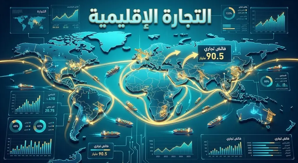 رسم بياني عصري يجسد حركة التجارة الإقليمية وتدفقات التصدير عبر الممرات المائية مع إبراز رقم فائض الميزان التجاري البالغ 90.5 مليار.
