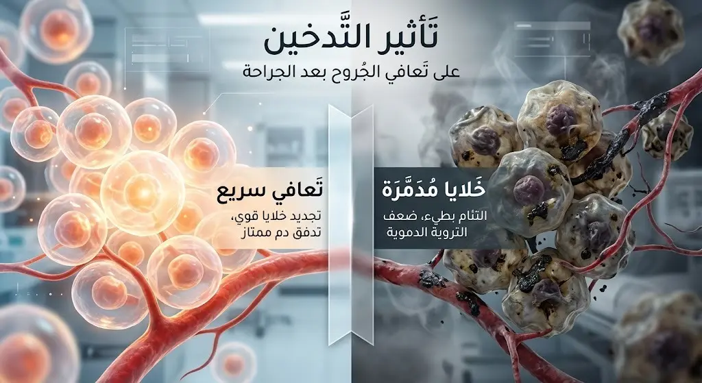 تصميم مقارنة بصرية يوضح الفارق بين استشفاء الخلايا للمدخن وغير المدخن بعد العمليات الجراحية