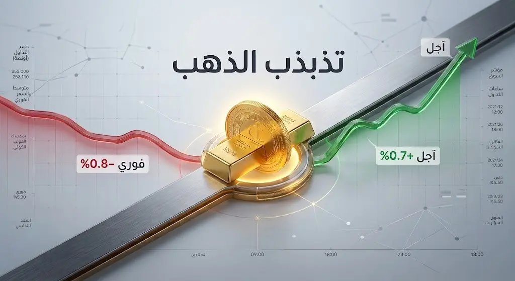 رسم بياني يوضح تباين أداء الذهب بين انخفاض المعاملات الفورية بنسبة 0.8% وارتفاع العقود الآجلة بنسبة 0.7%