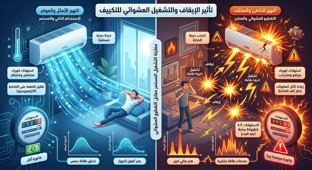 تصميم مقارن يبرز التأثير السلبي للتشغيل والإطفاء العشوائي للمكيف وكيف يؤدي إلى مضاعفة سحب الطاقة.