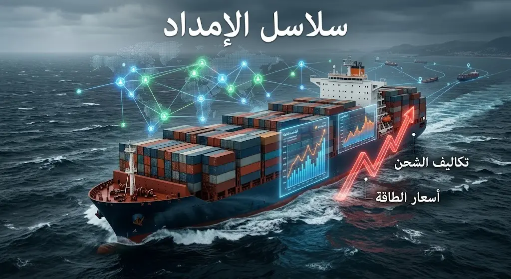 تصميم بصري يدمج بين سفينة شحن عملاقة ورسوم بيانية ثلاثية الأبعاد بأسهم صاعدة تعبر عن ارتفاع تكاليف التأمين والشحن، مصحوبة بنصوص عربية دقيقة.