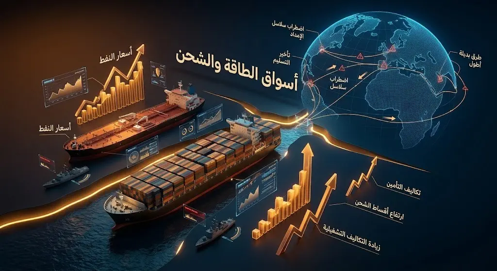 تصميم ثلاثي الأبعاد يظهر سفن شحن ضخمة مع رسوم بيانية توضح ارتفاع تكاليف التأمين والشحن عالمياً.