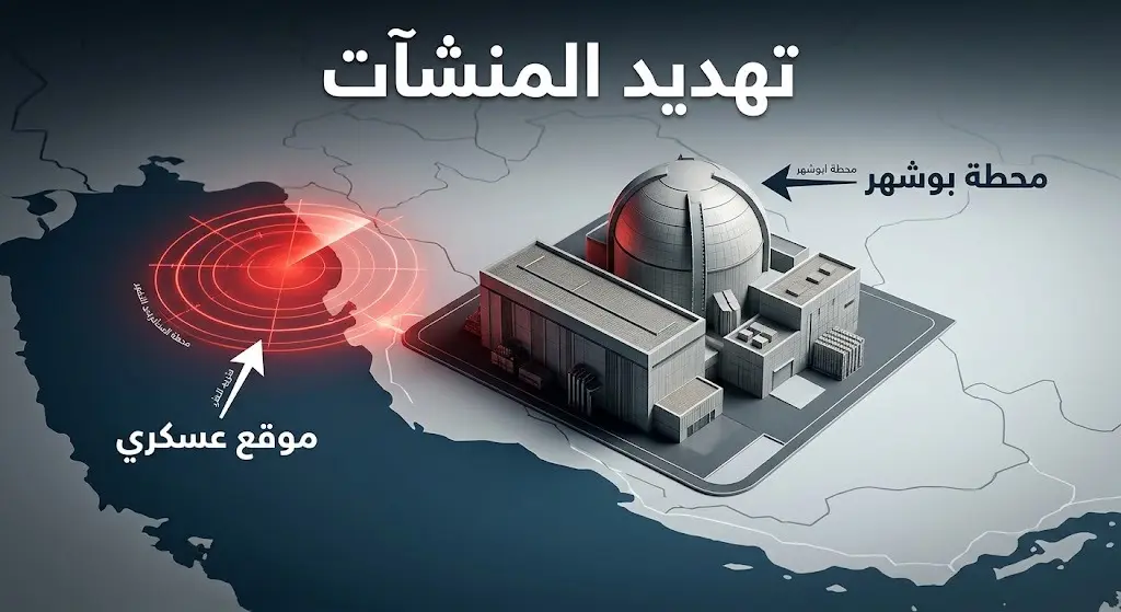 تصميم توضيحي ثلاثي الأبعاد يظهر محطة بوشهر النووية وموقع سقوط المقذوفات العسكرية في محيطها.