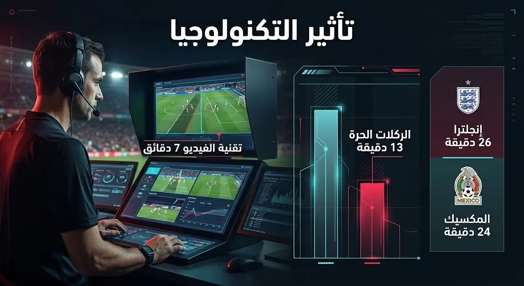 تصميم بياني يقارن الوقت المهدر بسبب تقنية الفيديو والركلات الحرة بين منتخبي إنجلترا والمكسيك.