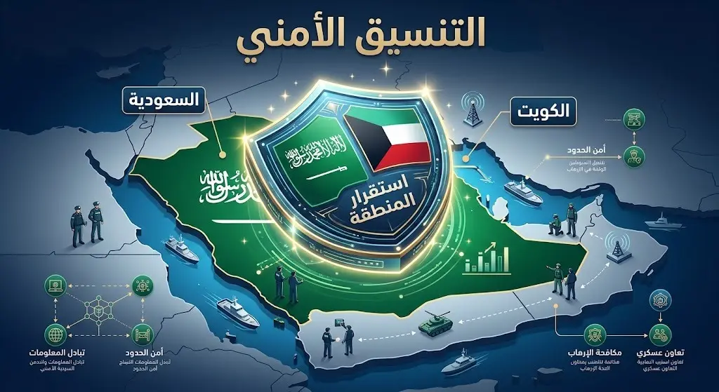 إنفوجرافيك يوضح التنسيق الأمني الدبلوماسي بين السعودية والكويت لحماية استقرار المنطقة عبر درع أمني رمزي