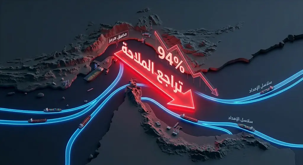 إنفوجرافيك يوضح التراجع الحاد في حركة الملاحة بمضيق هرمز بنسبة 94% وتأثير التنسيق الأمني على سلاسل الإمداد