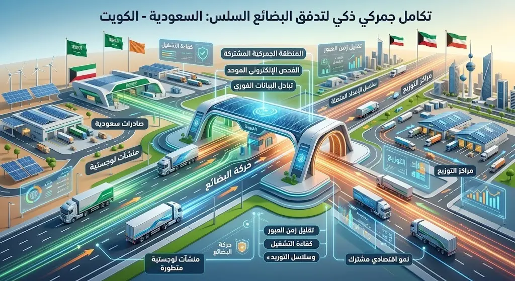 تصميم بصري يوضح انسيابية حركة الشاحنات والبضائع عبر المنافذ البرية المشتركة بين السعودية والكويت.