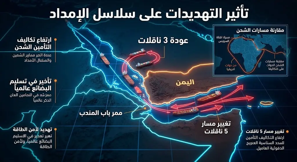إنفوجرافيك يوضح تأثير التهديدات في البحر الأحمر على سلاسل الإمداد وتغيير مسار الناقلات التجارية.