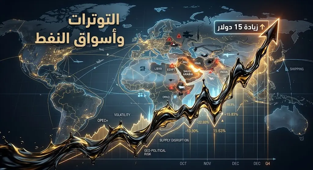 تصميم تعبيري يظهر تأثير التوترات الجيوسياسية على أسعار النفط وصعود خام برنت