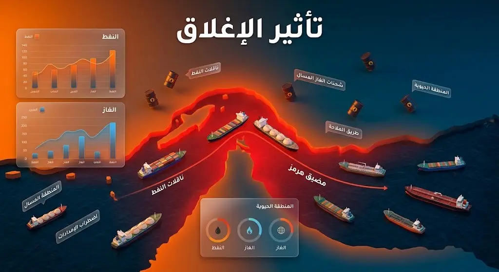 تصميم بياني يبرز تأثير التوترات العسكرية وإغلاق مضيق هرمز على حركة إمدادات الطاقة العالمية وسلاسل التوريد.