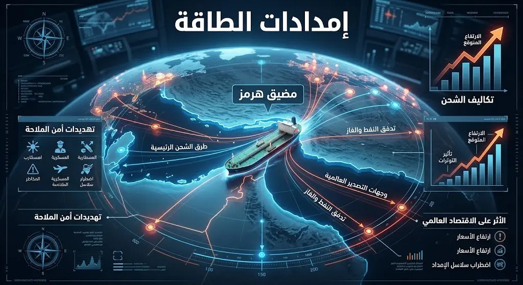 إنفوجرافيك يوضح خريطة مضيق هرمز ومسارات ناقلات النفط مع مؤشرات لتأثير التوترات العسكرية على سلاسل الإمداد وتكاليف الشحن