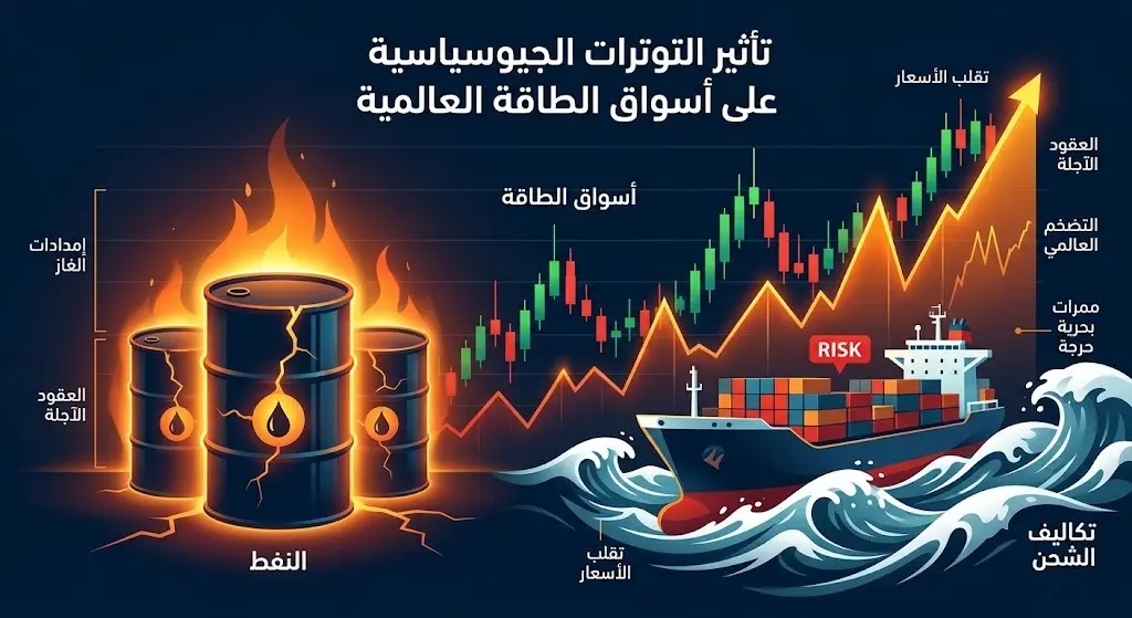 تصميم بإنفوجرافيك يوضح تأثير التوترات الجيوسياسية وإلغاء تراخيص النفط على أسواق الطاقة وسلاسل الإمداد العالمية وتكاليف الشحن.