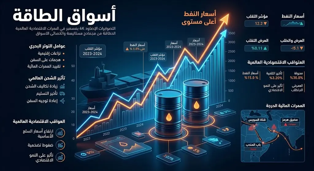 رسم بياني مالي يظهر صعوداً حاداً في أسعار النفط وتأثر سلاسل الإمداد العالمية بسبب التوترات البحرية.