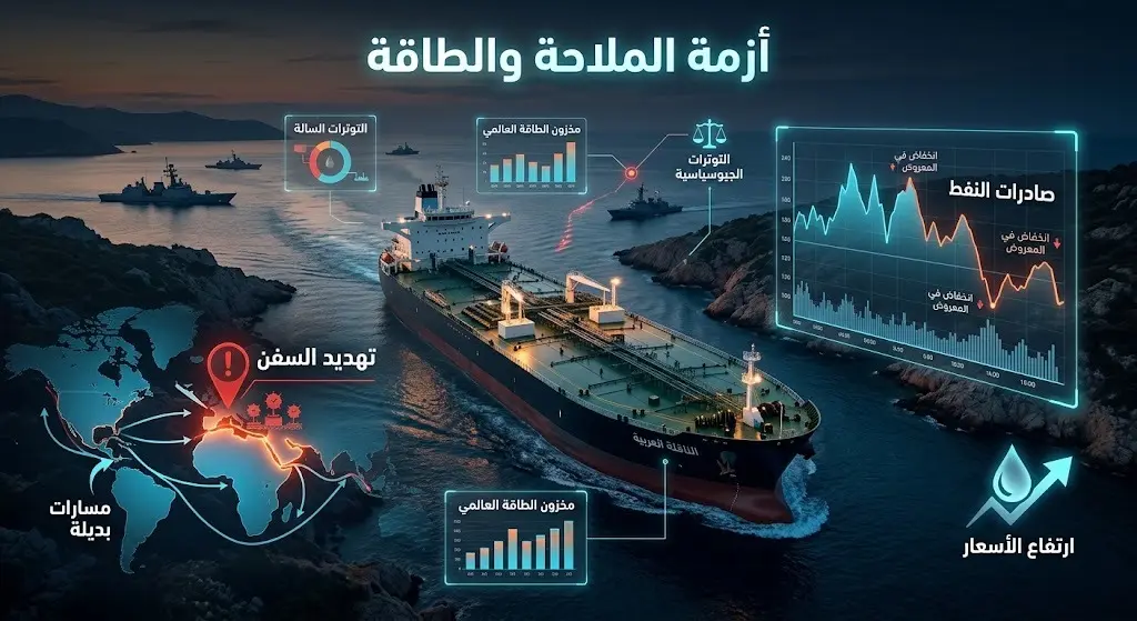 إنفوجرافيك يصور ناقلة نفط تعبر مضيقاً مائياً وسط مؤشرات بيانية توضح حجم التهديدات على حركة الملاحة وإمدادات الطاقة العالمية.